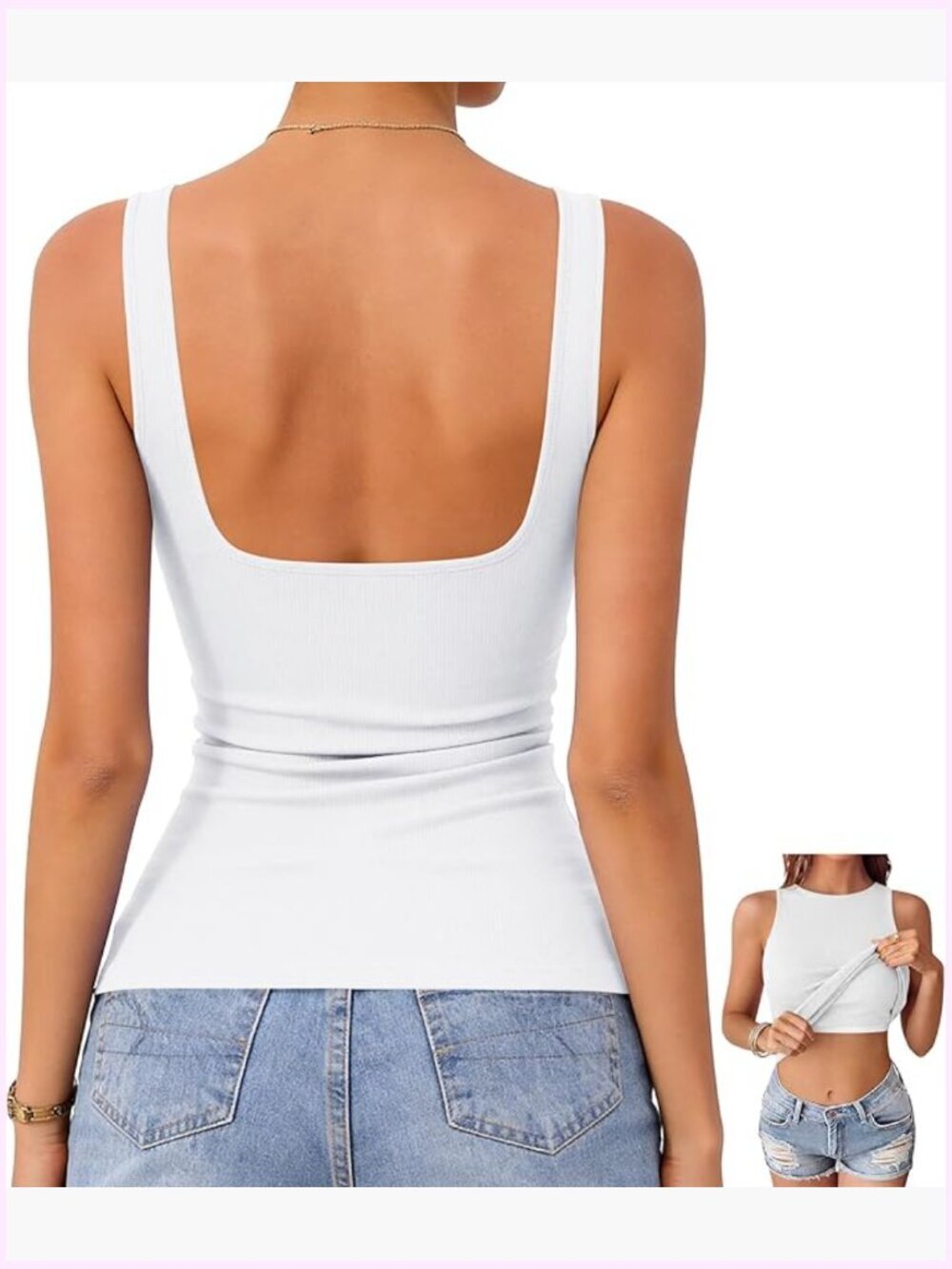 Ribbed Open Back Tank Top with Built-in Bra Boat Neck Sleeveless Slim Fit